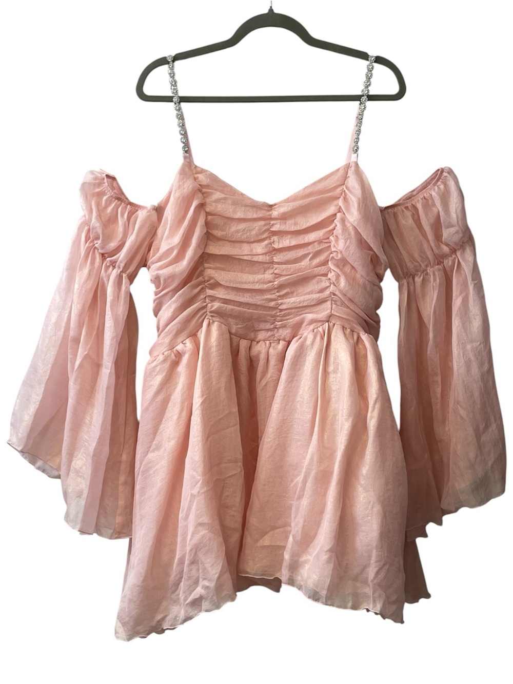 Sugar Thrillz Pink & Gold Chiffon Bell Sleeve Ethereal Fairy Mini Dress